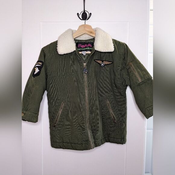 Boys Forest Green Airborne Pilots Jacket with Patches and Wool Style Collar sz 5 - Picture 1 of 7